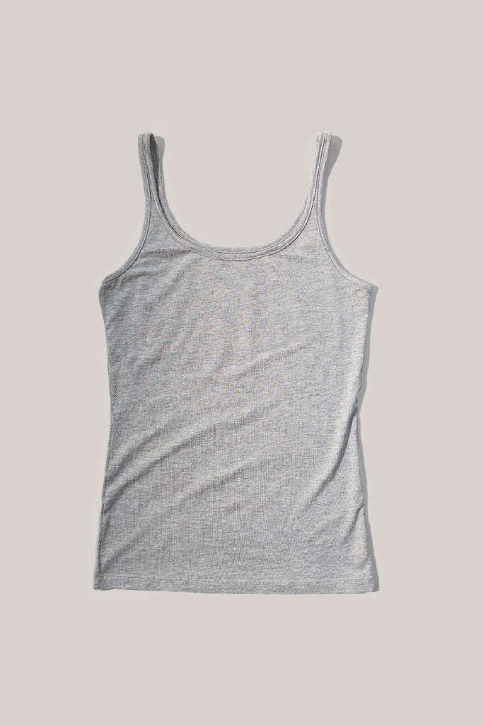A grey, sleeveless tank top made from sustainable bamboo fabric. 