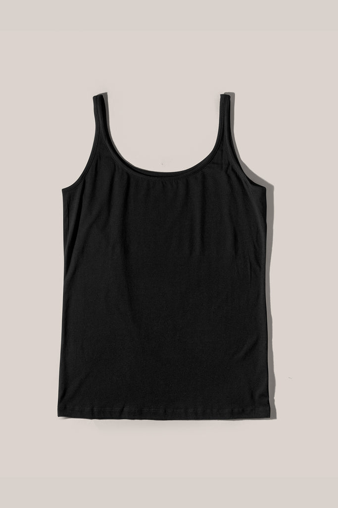 A black, sleeveless tank top made from sustainable bamboo fabric